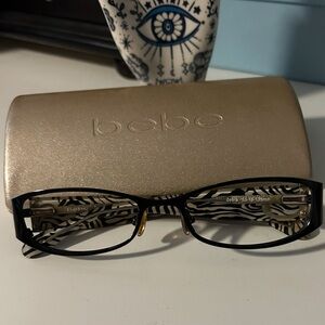 Black BeBe Eyeglass Frames w/ Zebra Arms (Interior) & Sparkling Champaign Case